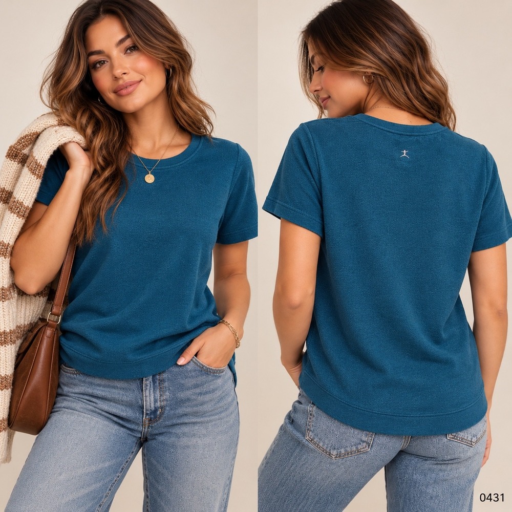Danskin Womens Teal Blue Short Sleeve Active Top Crew Neck Curved Hem 0431